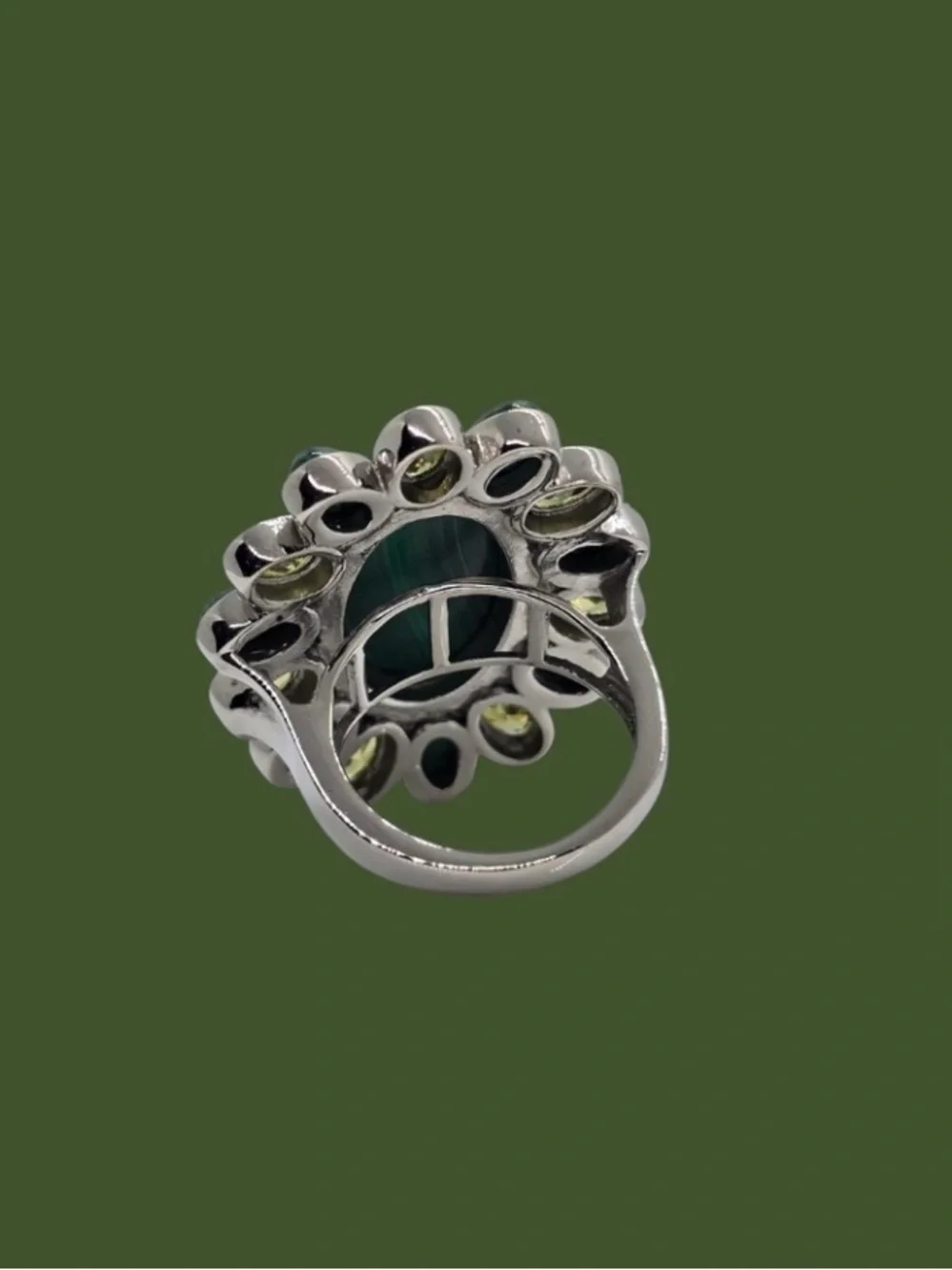 Malachite & Imitation Peridot (CZ) Floral Ring in Stainless Steel Ring - Picture 2 of 4